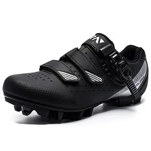 Produktbild: Fenlern MTB Schuhe Herren Harte Sohle Fahrradschuhe Mountainbike Schuhe Radschuhe 2 Loch Cleat System mit Schnalle(Schwarz Weiß,47 EU)