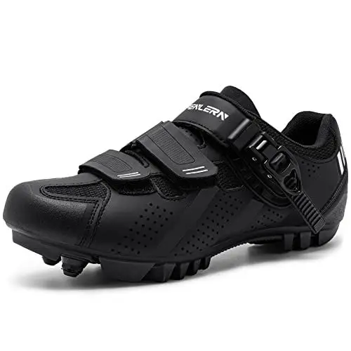 Produktbild: Fenlern MTB Schuhe Herren Leicht Atmungsaktiv Radschuhe 2 Schrauben Mountainbike Schuhe Harte Sohle Fahrradschuhe Abriebfest mit Schnalle(Reines Schwarz,47 EU)