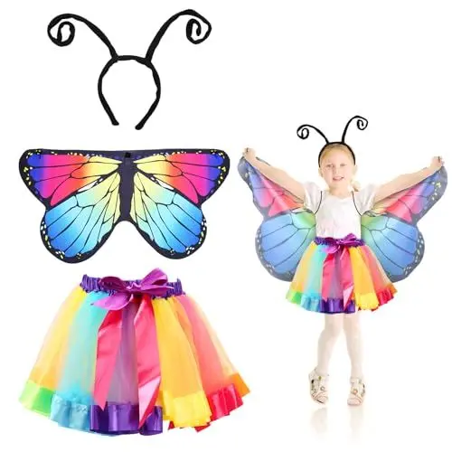 Produktbild: Fennoral 3tlg Schmetterling Kostüm Kinder Schmetterlingsflügel mit Regenbogen Tutu Rock Haarreif Schmetterling Umhang Fee Cosplay Kinderkostüm Tierkostüm für Mädchen Karneval Halloween Fasching