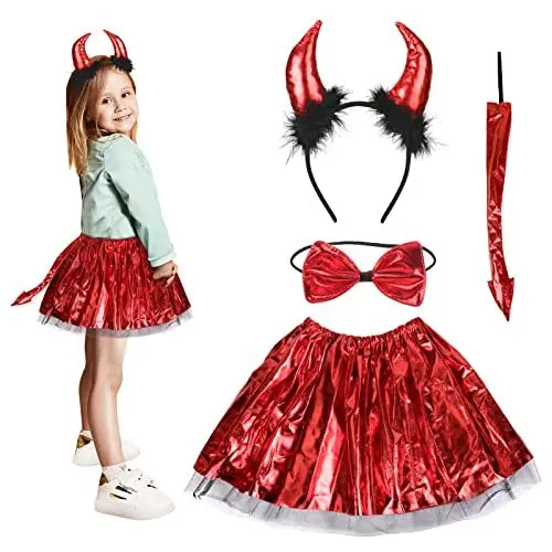 Produktbild: Fennoral 4-teiliges Halloween Teufel Kinderkostüm Set Horn Haarreif Fliege Schwanz Rot Tutu Mädchen Cosplay Zubehör für Halloweenparty Maskerade Karneval Fasching