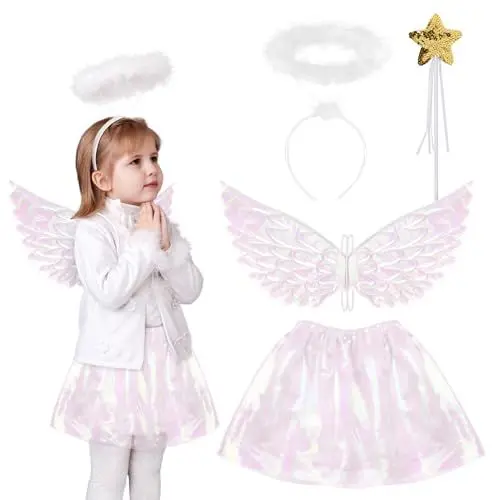 Produktbild: Fennoral 4tlg Engel Kostüm Kinder Weiß Engelsflügel mit Zauberstab Glänzende Tutu Rock Halo Stirnband Federflügel Heiligenschein Mädchen Christkind Angel Cosplay Kinderkostüm für Karneval Fasching