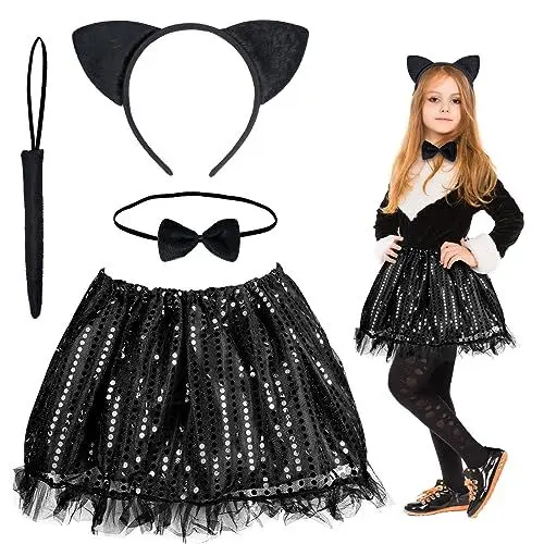 Produktbild: Fennoral 4tlg Katzen Kostüm Kinder Schwarz Pailletten Tutu Rock mit Katzenohren Haarreif Fliege Katzenschwanz Süße Katzen Kinder Tierkostüm für Mädchen Halloween Karneval Fasching Cosplay Mottoparty