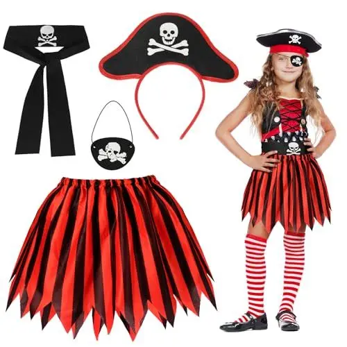 Produktbild: Fennoral 4tlg Piratenkostüm Kinder Mädchen Piraten Kinderkostüm mit Pirat Tutu Rock Augenklappe Haarreife Belt Piratenparty Zubehör für Halloween Karneval Verkleidung Cosplay Rollenspiel Fasching