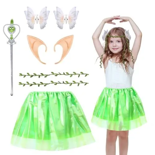 Produktbild: Fennoral 5tlg Fee Kostüm Mädchen Grün Tutu Rock mit Elfohren Zauberstab Girlanden & Schmetterling-Haarbänder Feen Prinzessin Engel Schmetterling Cosplay Kinderkostüm für Karneval Halloween Fasching