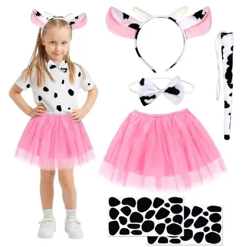 Produktbild: Fennoral 5tlg Kuh Kostüm Mädchen - Gefleckte Tutu Rock Mit Hörner Ohren Haarreif Fliege Schwanz Aufkleber - Kinderkostüm Tierkostüm für Halloween Karneval Fasching Cosplay Mottoparty