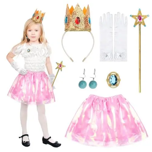Produktbild: Fennoral 6 Stück Prinzessin Peach Kostüm Kinder Rosa Peach Tüllrock mit Krone Ohrringen Handschuhen Brosche Zauberstab Peach Cosplay Kinderkostüm für Princess Peach Showtime an Karneval Halloween