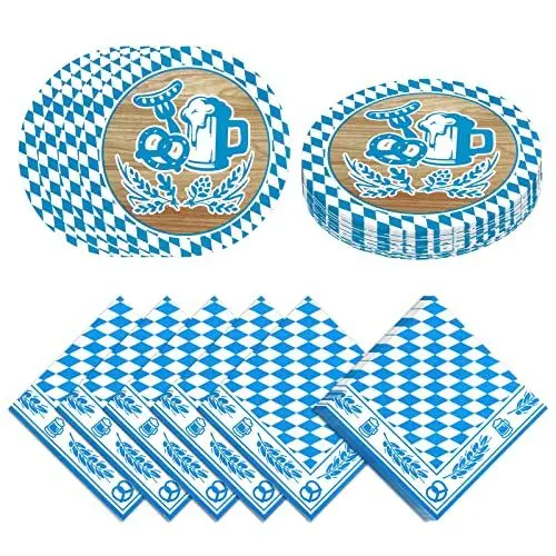 Produktbild: Fennoral 80 Stück Oktoberfest-Tischdeko Set Bayern Servietten mit Untersetzer runde bayerische Bierdeckel Partyservietten für Oktoberfestparty Grillfeste Bierfest Mottopartys