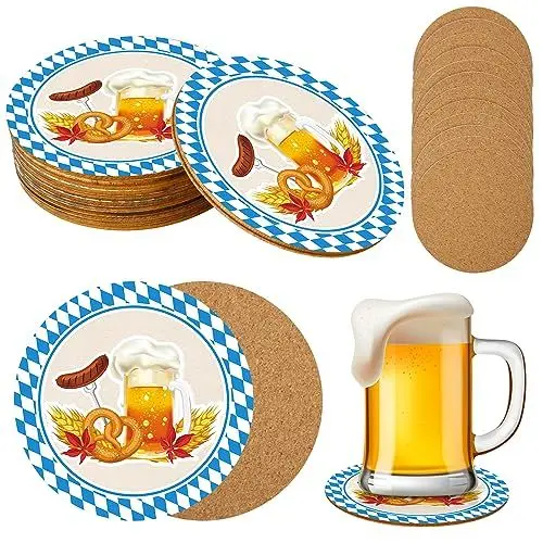 Produktbild: Fennoral Oktoberfest-Bierdeckel Untersetzer aus Holz, 12 Bayerische Holz Glasuntersetzer, Runde Bierdeckel im bayerischen Stil für Oktoberfestsdeko Tischdeko Bierfest Mottoparty Grillparty Bayern Deko