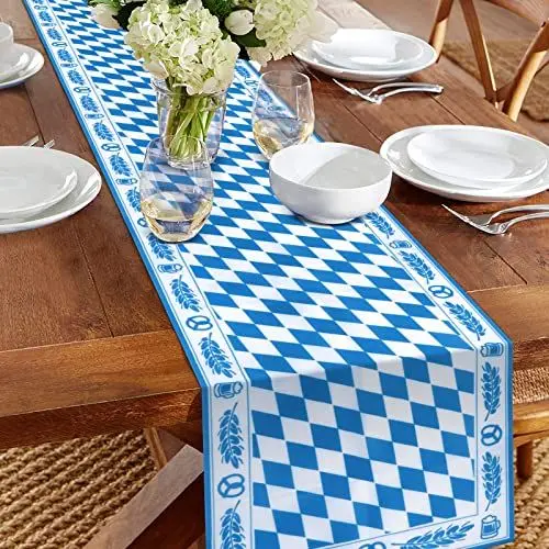 Produktbild: Fennoral Oktoberfest Tischläufer Waschbar Bayernraute Tischdekoration 35 x 183cm Bayerisch Blau Weiß Tischdecke für Oktoberfest drinnen und draußen Party Zubehör