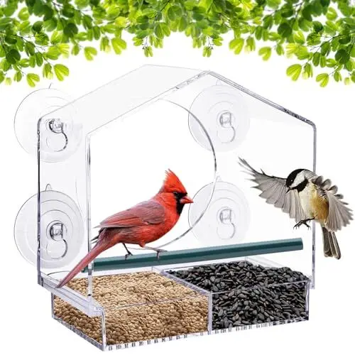 Produktbild: Fenster Futterhaus für Vögel, Vogelhaus Fensterscheibe mit Saugnäpfen,Vogelfutterstation Transparent Fenster Vogelhäuschen für Wildvögel, Finken, Kardinal, Bluebirds, Vogelfutterhaus Acryl