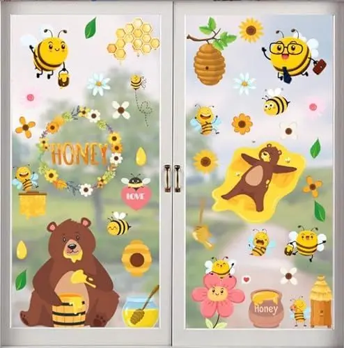 Produktbild: Fensteraufkleber Biene,Biene Gnom Aufkleber,Fenstersticker Frühling Ostern,Fensterbilder Blumen Wiederverwendbar,Fensterdekoration Blumen