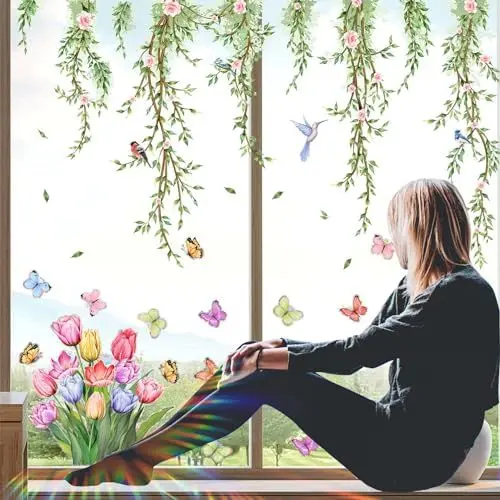 Produktbild: Fensterbilder Vögel Blumen, Fensteraufkleber Vogelschutz, Fensterfolie Blumen, Doppelseitig Fenstersticker, Suncatcher Sticker Fensterdeko, Fensterbild Frühling Sommer Fenstertattoo Anti-Kollision