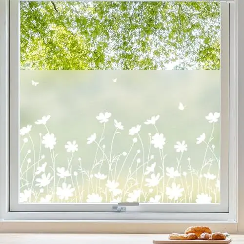 Produktbild: Fensterfolie Blickdicht Sichtschutzfolie Fenster Blumenmuster Milchglasfolie Selbstklebend Statisch Folie ohne Klebstoff Klebefolie Fenster für Bad, Büro, Küche