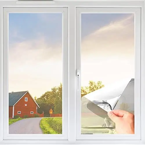 Produktbild: Fensterfolie von innen Durchsichtig von aussen Blickdicht,Sonnenschutzfolie Fenster innen UV-Schutz Reflektierende,Spiegelfolie Selbstklebend für Büros und Wohnungen (Silber, 44.5 x 200cm)