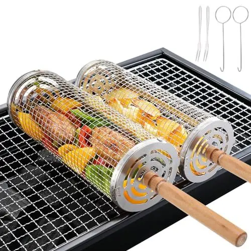 Produktbild: Fentar 2stk Grillkorb Edelstahl, Drehbarer Gemüse Grillkorb mit Holzgriff, Rund Grillnetz Grill Zubehör, Geschenk für Grillfans, Zylindrischer Grillkorb, Rolling Grillrolle für Gemüse Fisch Grillen