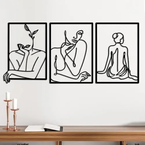Produktbild: Fentar 3stk Metall Wanddeko Schlafzimmer, Abstrakte Weibliche Silhouette Wandbild Metall, Moderne Wand Deko, Minimalistische Wanddeko Wohnzimmer, Wasserdichtes Metallbilder Wand deko Schwarz (25x35cm)