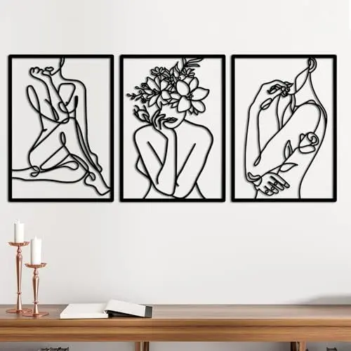 Produktbild: Fentar 3stk Metall Wanddeko Schlafzimmer, Abstrakte Weibliche Silhouette Wandbild, Moderne Wand Deko, Minimalistische Wohnzimmer, Wasserdichtes Metallbilder Schwarz (Stil B)