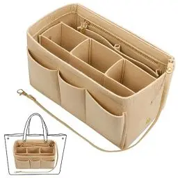 Produktbild: Fentar Handtaschen Organizer, Filz Taschenorganizer mit Mehrere Fächer, Organizer Tasche, Langlebig Taschenorganizer Shopper mit Reißverschluss, Innentaschen für Handtaschen (27x16x15cm, Beige)