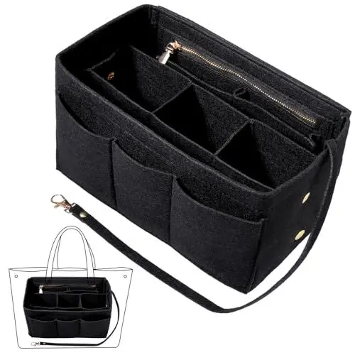 Produktbild: Fentar Handtaschen Organizer, Filz Taschenorganizer mit Mehrere Fächer, Organizer Tasche, Langlebig Taschenorganizer Shopper mit Reißverschluss, Innentaschen für Handtaschen (27x16x15cm, Schwarz)