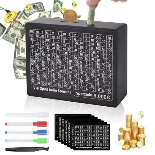 Produktbild: Fentar Spardose Holz, Sparbox mit Zahlen Ankreuzen, Goalsaver Box 500 bis 10000 Euro Geld Sparen Challenge, Sparschwein aus Holz mit Zähler, Geldsparbox, Spardose für Kinder Erwachsene (Schwarz)