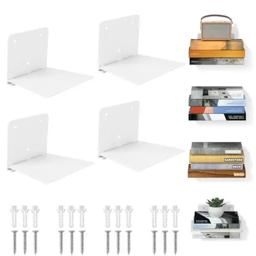Produktbild: FENTEC Schwebende Bücherregale, Schwebendes Bücherregal für die Wand, Unsichtbare Bücherregale, Verstecktes Bücherregal aus Metall für das Schlafzimmer, Dekoration im Heimbüro, 4er Set, Weiß