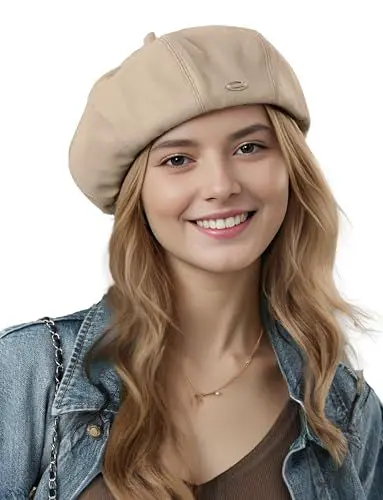 Produktbild: FEOYA Baskenmütze Barett für Damen Mütze Leder PU Frauen Klassische Französische Mode Visor Schirmmütze Beige Ballonmütze Bakerboy Hat Achteckige Beret Mütze Cap Maler Kappe Elbsegler Herbst Winter