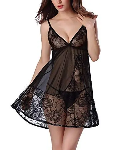 Produktbild: FEOYA Damen Baby Dolls Sexy Nachtwäsche Nachtmaentel Nachtkleid Spitze Minikleid Dessous Negligee Schwarz L