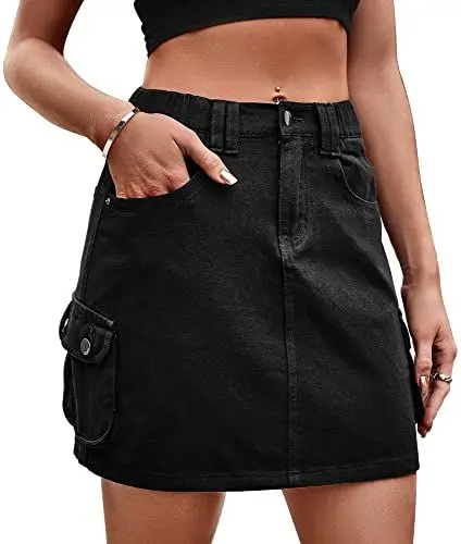 Produktbild: FEOYA Damen Jean Kurzen Röcke Casual Mini Jeansrock mit Cargo Taschen A Schwarz L