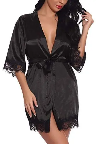 Produktbild: FEOYA Damen Kimono Morgenmantel Bademantel Kurz Schlafanzug Nachtwäsche Satin Blumenspitze mit Gürtel Schwarz S