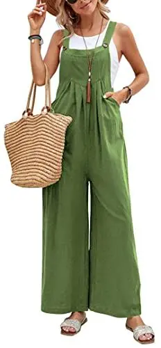 Produktbild: FEOYA Damen Latzhose Loose Bib Pants Overall Ärmellose Baggy Sommer Jumpsuits Lässige Lange Hosen Playsuit mit Taschen Grün XL