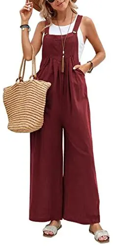 Produktbild: FEOYA Damen Latzhose Sommer Baggy Jumpsuit Trägerhose Beiläufig Weit Geschnittene Playsuit Hose mit Tasche Weinrot M
