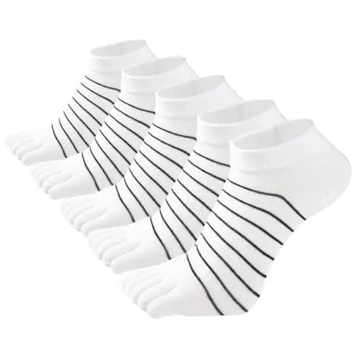 Produktbild: FEOYA Damen Sneakers Socken Zehensocken Sportsocken Knöchel Laufsocken für Damen Laufende Socken Baumwolle Fünf Finger Gestreifte Weiß 5PCS