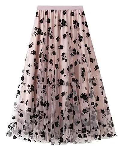 Produktbild: FEOYA Damen Tüllrock Weiche Tüll Petticoat A-Linie Großer Saum Midi Röcke Lang Blumenmuster 3 Schichten Faltenrock - Rosa