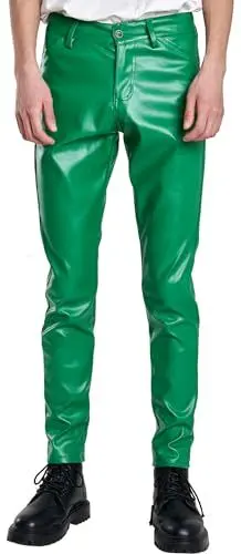 Produktbild: FEOYA Herren Kunstleder Hosen Slim Fit Stretch Hose aus PU Leder mit Taschen Faux Lederhose Herren Lederjeans Lang Bikerhose Grün 36 Bleistifthose Enge Hose Elastisch Motorrad Cosplay Sommer Frühling