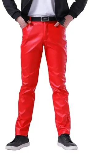 Produktbild: FEOYA Herren Kunstleder Hosen Slim Fit Stretch Hose aus PU Leder mit Taschen Faux Lederhose Herren Lederjeans Lang Bikerhose Rot 33 Bleistifthose Enge Hose Elastisch Motorrad Cosplay Sommer Frühling