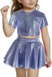 Produktbild: FEOYA Kinder Mädchen Tanzkostüm Hip-Hop Jazz Bekleidung Glänzend Jungen Tanzkleidung Unisex Street Dance Kleidung Kostüm T-Shirt Faltenrock Set Blau 2 12-13 Jahre