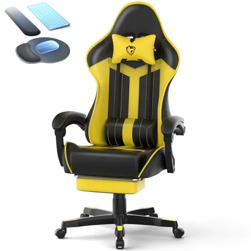 Produktbild: Ferghana Gaming Stuhl,Ergonomischer Gamer Chair mit Verstellbarer Kopfstütze&Lendenkissen,Armlehnen,Fußstütze–Racing PC Stuhl für Büro & Gaming,inkl.Mauspad + Tastaturauflage(Schwarz Gelb, PVC-Leder)
