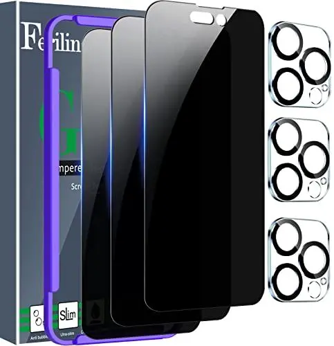 Produktbild: Ferilinso (3+3Stück) Schutzfolie für iPhone 14 Pro Panzer Schutz Glas Sichtschutz Privacy Zubehör 3 Stück Panzerfolie Displayschutz Kameraschutz Camera Glass Screen Protector für 6,1Zoll