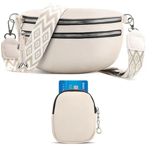Produktbild: ferlord Umhängetasche Damen Leder, Crossbody Bag Breiter Gurt Stylisch Bauchtasche Damen mit 3 Fächern, Klein PU Leder Handtasche Damen Umhängetasche mit Breitem Schultergurt Elegante