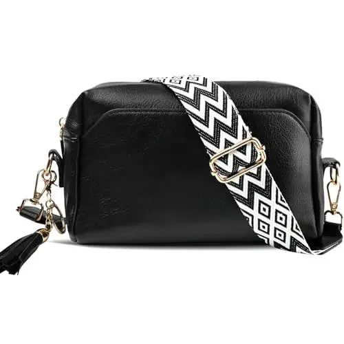 Produktbild: ferlord Umhängetasche Damen Leder, Stylisch Crossbody Bag Breiter Gurt Bauchtasche Damen mit 3 Fächern, Klein PU Leder Handtasche Damen Umhängetasche mit Breitem Schultergurt Elegante