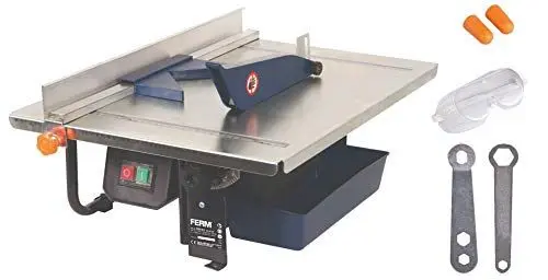 Produktbild: FERM Fliesenschneider 900W - 2950/min - 200mm Diamantscheibe - Wassergekühltes Sägeblatt - 0-45 Grad einstellbar, Schwarz, Blau, Edelstahl