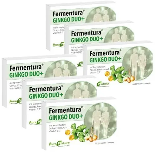 Produktbild: Fermentura® Ginkgo Duo Plus – Ginkgo Biloba Kapseln mit Vitamin B12 & Folsäure | vollständig fermentiert & hochdosiert | Vegan – 6er Pack - 180 Kapseln
