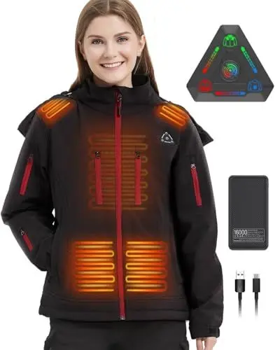 Produktbild: FERNIDA Beheizbare Jacke Damen, Beheizte Softshell Jacke mit 7,4-V-Akku, Elektrisch Wasserdicht Beheizter Mantel für Outdoor Wandern Jagd Motorrad Camping, 6 Beheizte Zonen,M