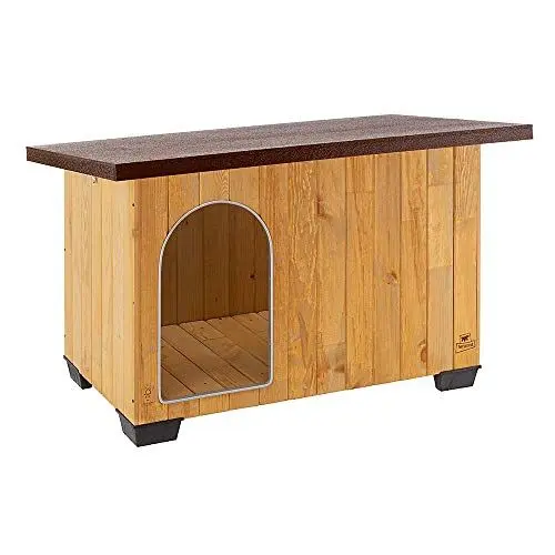 Produktbild: Ferplast Hundehütte große Hunde BAITA 100 aus FSC-Holz, Hundehaus Outdoor Wetterfest, Isolierende Kunststofffüße, Tür mit Bissschutzkante aus Aluminium, 121 x 78 x h 79 cm.