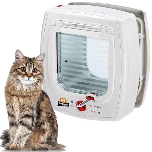 Produktbild: Ferplast Katzenklappe mit chiperkennung, Katzentür 4-wege steuerbarer Ein- und Ausgang, mit Schutz vor Zugluft, inkl. Katzenhalsband mit Mikrochip, SWING MICROCHIP Klein, Mikrochip katzenklappe, Weiß
