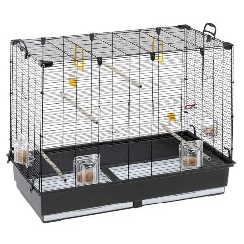 Produktbild: Ferplast Vogelkäfig Piano 6, Wellensittich Käfig Exotenkäfig, inkl. Vogelspielzeug, Vogel-Futternapf, Vogel-Sitzstangen, Schwarz, 87 x 46,5 x h 70 cm.