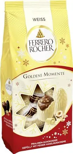 Produktbild: Ferrero Rocher Goldene Momente Weiße Weihnachtsschokolade – Pralinen-Schokoeier gefüllt mit Haselnusscreme – 90g