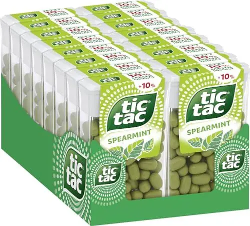Produktbild: tic tac Spearmint – Erfrischende Dragees mit zart-minzigen Geschmack – Praktische Vorratspackung – Erfrischung für unterwegs und zwischendurch – Bonbons für frischen Atem – 16 x 54 g Packungen