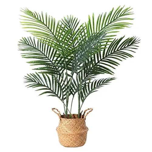 Produktbild: Ferrgoal Kunstpflanze Areca Palme mit Seegras Korb 110cm Plastik Künstliche Pflanzen Groß im Topf Deko Badezimmer Wohnzimmer Schlafzimmer Balkon(1 Stück)
