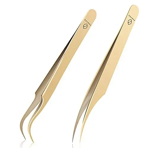 Produktbild: FERYES Wimpernpinzette für Wimpernverlängerung, professionelle Delphin- und Stiefelpinzette, Wimpernverlängerungsset aus Edelstahl, volumenpräzise Wimpernpinzette mit Blechdose, 2 Stück, vergoldet